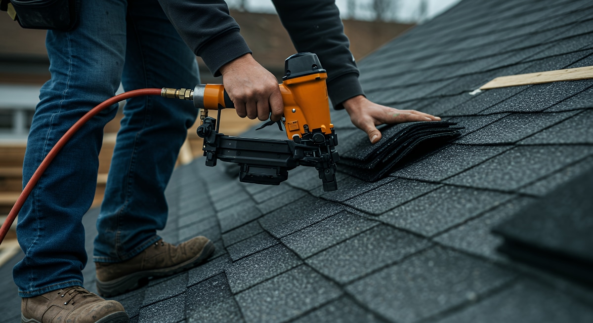 man nailing shingles on roof with a nail gun